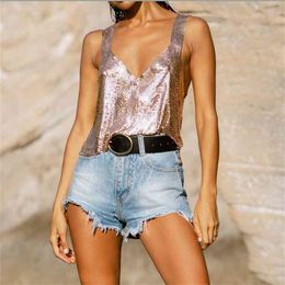 Sexy V Neck Slim Metal Sequins Tops Camisole Shiny Solid Sleeveless Spaghetti Strap Fashion Celebrity Nightclub Party Camis 210407