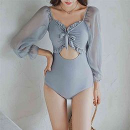 Polyester Korean style one-piece swimsuit long sleeves high waist slim bikini women Solid 210416