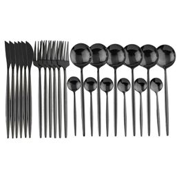 24Pcs Pure Gold Black Dinnerware Set Wedding Cutlery Set 18/10 Stainless Steel Dinner Knife Fork Scoops Silverware Wholesale 210706