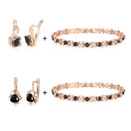 Earrings & Necklace Fashion Jewellery Set For Women Girlfriend Wedding Party Valentine Gift Black CZ Bracelet Gold Filled LGBGEM02