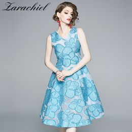 Quality Elegant Women's Sleeveless V-Neck Tank Patchwork Jacquard Fashion High Waist Party Midi Summer Dress 210416