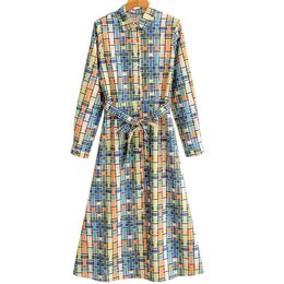 Summer Women Vintage Plaid Dress Long Sleeve Sashes Bow Tie Turn-down Collar Female Elegant Casual Mid-Calf Vestidos 210513