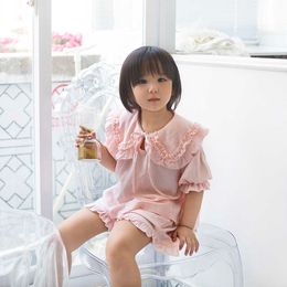 Children Girls Lolita Pyjama Sets Ruffle Peter Pan Collar Tops+Shorts.Vintage Toddler Kids Pyjamas set Kids Sleepwear Loungewear 210908