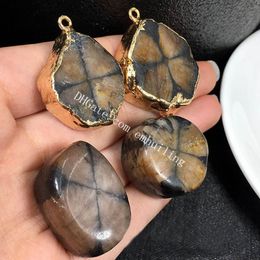 Gold Plated Freeform Chiastolite Tumbled Stone Pendant Andalusite Natural Polished Staurolite Jesus Christ Spiritual Cross Protection Gemstone Healing Crystal