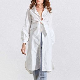 Spring Design White Lantern Sleeve Women Dresses Casual Loose Korean Femme Robe Turn-down Collar Sexy Chic Vestidos 13A182 210525