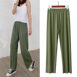 Women Straight long Pants Spring Summer Casual Solid Ice Silk High elastic Waisted Pant Female outwear loose Trousers pants 210915