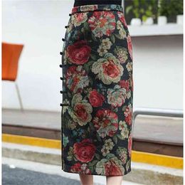 Chinese Style Flower Wool Long Skirts For Women Vintage Elegant Midi Female High Waist Floral Printed Woolen Pencil 210421