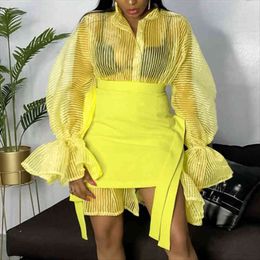 Women Yellow 2 Piece Sets Transparent Long Shirt Dress Mini Skirt Lantern Sleeve Button Up African Fashion Female Sexy Suit 210416