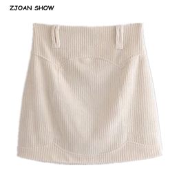 Women High Waist Corduroy Mini Skirt Beige Stylish Back Zipper Package Hips Short Skirts With Lining 210429
