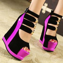 Sandals Summer Women Wedge Thick-soled Open-toe Gothic Women's Shoes Fashion Metal Decoration Sexy Party Ladies High Heels