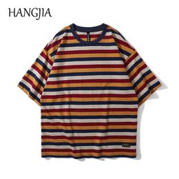 Harajuku Striped Printed Short-sleeved T-shirt for Men Women High Street Loose Casual Couple Fall Shoulder Round Neck Top Tshirt C0607