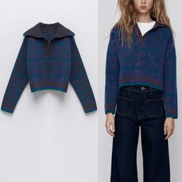 Za Blue Cropped Plaid Knit Sweater Women Long Sleeve Vintage Knitted Ribbed Top Pullover Female Chic Winter Short Sweaters 210602