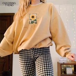 Women's Sweatshirt With Flower Print O-Neck Autumn Winter Female Casual Cute Yellow Clothes Woman Hoodies Loose Pullover 210803