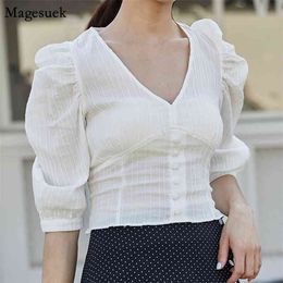 Autumn Slim V-neck Fitting Women Blouse Crop Tops Shirt Cotton Solid Chiffon s Blouses Puff Sleeve Blusas 10191 210512