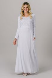 modest wedding dresses line lace UK - A-line Chiffon Lace Temple Wedding Dresses Bridal Gowns Long Sleeves V Neck Floor Length Modest bride Dress With Pockets