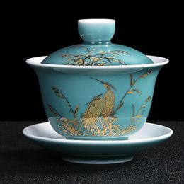 Blue Tea Tureen Celadon Outline in Gold Water Mug Bowl Gaiwan Creative Travel Porcelain Teapot Office Drinkware