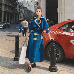 Women's Trench Coats Spring Fall Women Fashion Long Blue Coat Patchwork Design British Style Belted Windbreaker Elegant Chic Outerwear 2522