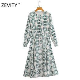 Women vintage o neck long sleeve green leaves print shirt dress office lady breasted vestido chic midi Dresses DS4205 210420