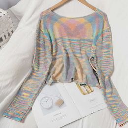 Rainbow Stripe Sweaters Knit Cropped Short Tops V-Neck Long Sleeve Autumn Japan Korean Sweet Pullovers Female GX1164 X0721