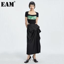 [EAM] High Waist Black Pleated Bandage Long Temeramenet Half-body Skirt Women Fashion Spring Summer 1DD8355 21512