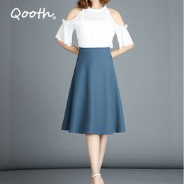 Qooth Office Lady Plus Size Skirt Spring Summer Women's High Waist Mid-length Solid Colour A-line Large Swing 2XL Skirt QT565 210518