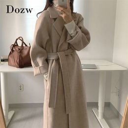 Women Elegant Long Wool Coat With Belt Solid Color Sleeve Chic Outerwear Ladies Overcoat Autumn Winter 210515