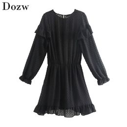 Sexy Hollow Out Mini Embroidery Dresses Two Piece Set Solid Long Sleeve Elastic Waist Pleated Dress Party Female Ruffles Vestido 210515