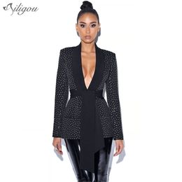 Fashion Show Summer Sexy Long-Sleeved Black Beaded Women'S Coat Celebrity Designer Nightclub Party Slim 210525