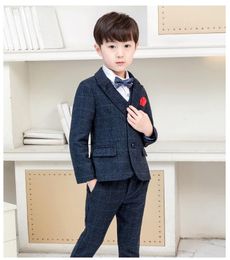 Latest Navy Blue Tweed Plaid Boy Suit 2 Piece Set Children Prom Wedding Suits Blazer Kids Formal Tuxedo For Jacket Pants Men's & Blazers