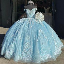 Sky Blue Quinceanera klänningar spetsar applikationer pärlor av axel söt 16 klänning plus storlek prom party klänningar 328 328