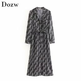 Women Floral Print Long Dress With Belt Long Sleeve Elegant Party Dress Ladies Fashion Turn Down Collar Beach Dress Vestidos 210414