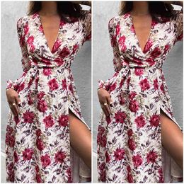 Women Sexy Deep V-Neck Floral Print High Split Dress Spring Ladies Lantern Sleeve Sashes Boho Beach Holiday Long Dresses 210416