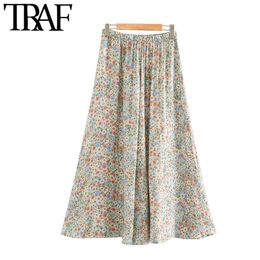 TRAF Women Chic Fashion Floral Print Pleated Midi Skirt Vintage High Elastic Waist Office Wear Female Skirts Mujer 210415