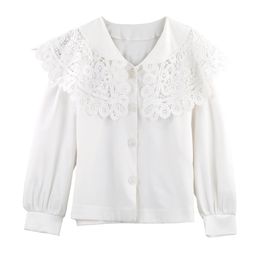 Women White Solid Shirt Lace Peter Pan Collar Lantern Long Sleeve Blouse Single-breasted Top Spring Summer B0803 210514