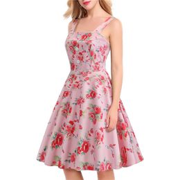 Print Dress For Women Summer Fashion Retro Sling Pink Blue Square Neck Big Swing Elegant Dresses Female LR1123 210531