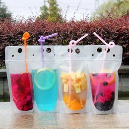 100pcs Clear Drink Pouches Bags Water Bottles frosted Zipper Stand-up Plastic Drinking Bag with straw holder Reclosable Heat-Proof WLL837