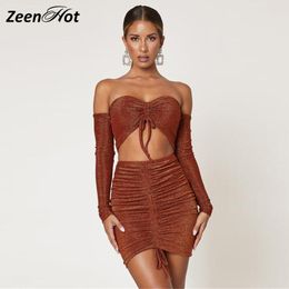 short sparkly dresses UK - Casual Dresses Women Sparkly Sexy Bodycon Party Dress Two Piece Set Pleated Short Lace Up Cropped Vestidos 2021 Autumn