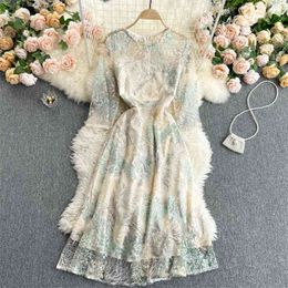Summer Women Vintage O-neck Lace Embroidery Midi Dress Elegant Ladies Floral Print High Waist Slim Fairy 210423