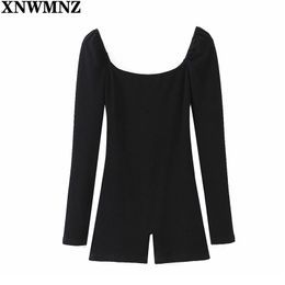 Black Ribbed Square Collar Sexy Rompers Womens Jumpsuit Long Sleeve Skinny Summer Playsuits Women Short Jumpsuits 210520