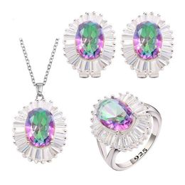 Geometric Rainbow Semi-precious Silver Colour Jewellery Sets for Women Hoop Earrings Necklace Pendant Ring H1022