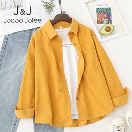 Jocoo Jolee Women Vintage Corduroy Shirts Autumn Long Sleeve Elegant Harajuku Blouse Office Lady Loose Shirt BF Style Tops 210518