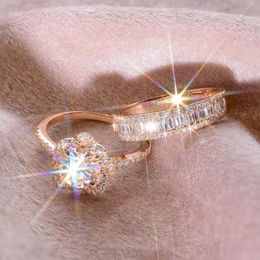 Wedding Rings Ramos Female 925 Silver Colour Crystal Zircon Ring Set Vintage Rose Gold For Women Flower Bridal Engagement