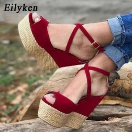 2021 New Woman Straw Summer Sandals Woman Platform Wedge High Heels Party Red Women Shoes Size 41 42
