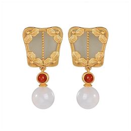 Stud S925 Sterling Silver Gold Plated Hetian Jade Ear Studs Retro Chinese Style Palm-leaf Fan Earring Pendant For Ladies Earrings