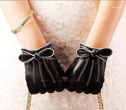 Autumn Winter Black Genuine Leather Gloves For Women With Bow Short Glove S M L XL Free 1