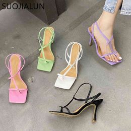 SUOJIALUN 2021 New Brand Gladiator Sandals Thin High Heel Dress Pumps Shoes Narrow Band Square Head Clip-On Strappy Sandals C0330