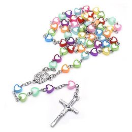 Pendant Necklaces Religious Colourful Love Heart Rosary Bead Necklace Children's Cross Handmade Lucky Praying Blessing Jewellery