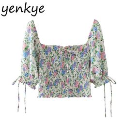 Women Flowers Print Crop Top Sexy Square Neck Puff Sleeve Elastic Summer Tops Female Holiday Sweet Short Blouse 210514
