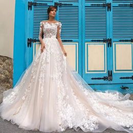 Ball Gown Wedding Dresses long Sleeves Lace Appliqued Illusion Back Boho Bridal Gowns Long Train Bride Dresses