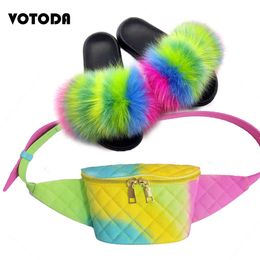 Woman Slippers Waist Packs Set Fluffy Fur Flip Flop Flat Real Fox Fur Slipper Sandals Fashion Rainbow Jelly Fanny Pack Shoes Set C0330